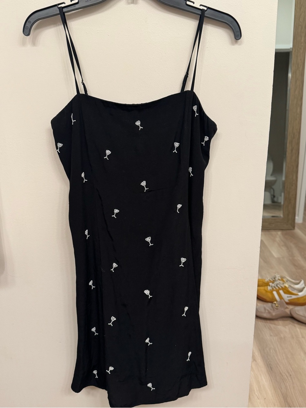 & Other Stories Black Slip Dress with White Floral Embroidery